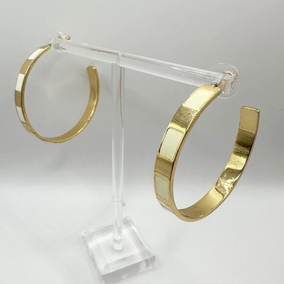 J Crew Gold White Striped Enamel Hoop Earrings Preppy Summer Casual - Picture 1 of 9